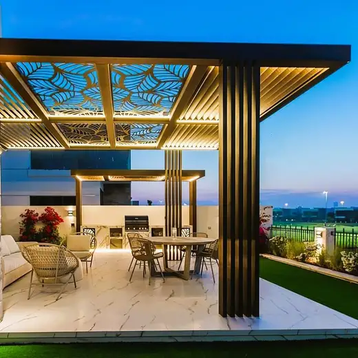Garden pergola at dusk