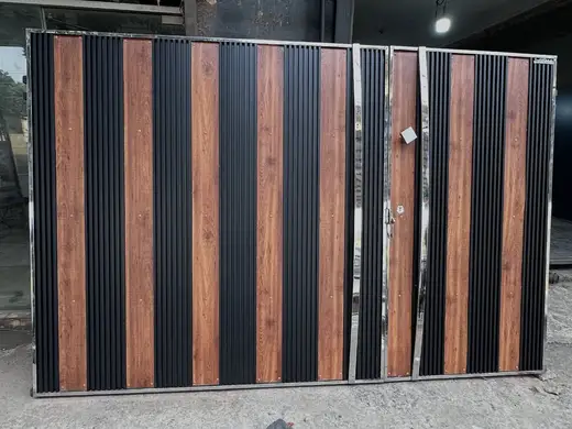 Main gate with wood-finish stripes